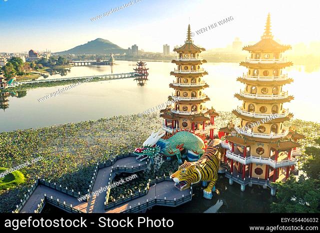 Aerial view Lotus Pond's Dragon and Tiger Pagodas at morning . kaohsiung city. Taiwan