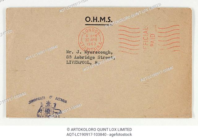 Envelope - from Commonwealth of Australia, Myerscough, 1963, Envelope that contained a receipt of sums payable in relation to migration expenses to Australia