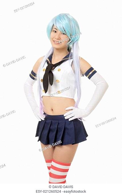 Beautiful and sexy Chinese woman having some fun with cosplay isolated on a white background