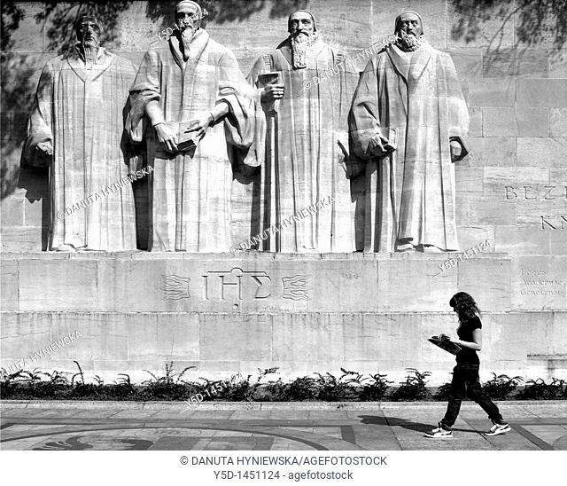 Reformation monument, Reformation Wall, Wall of Famous Reformers in Park des Bastions, left to right: Guillaume Farel, Jean Calvin, Theodore de Beze, John Knox