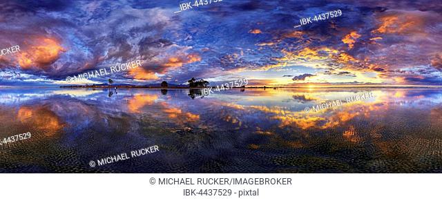 360° x 170° panorama with glorious sunset at Carters Beach, cloudy sky, Water Reflection, Westport, West Coast, Southland, New Zealand