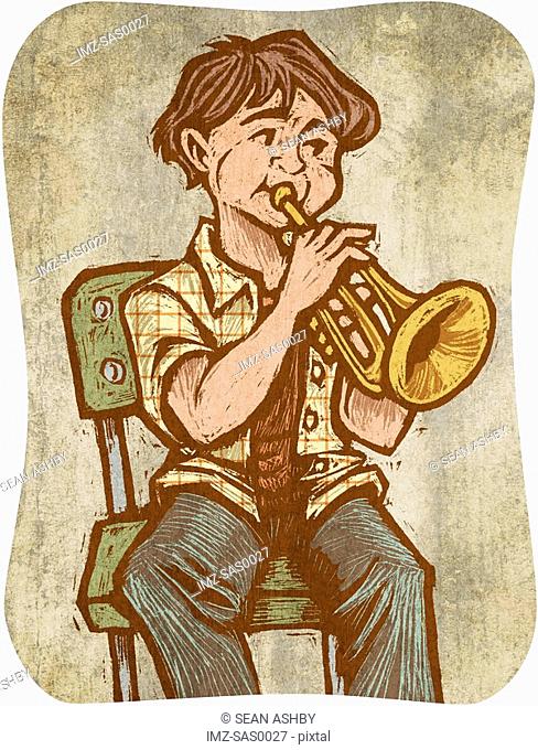 A boy playing a trumpet