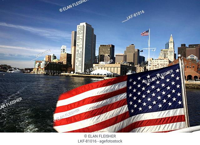 View of Boston Harbor with flag, Boston, Massachusetts, USA