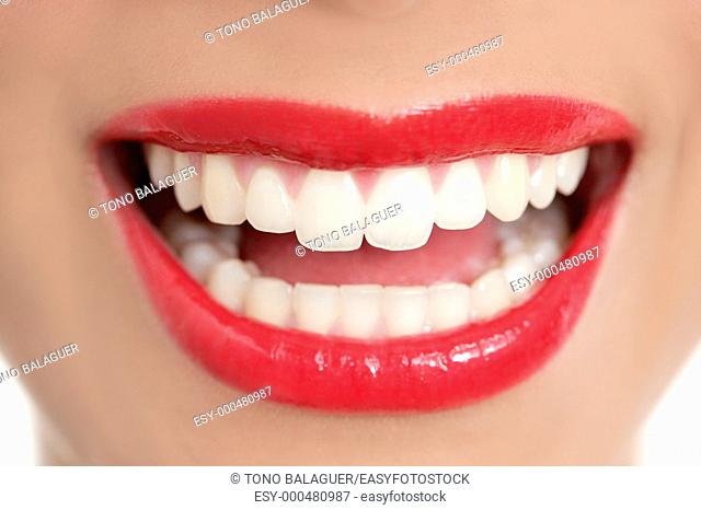Beautiful woman perfect teeth smile with red lips