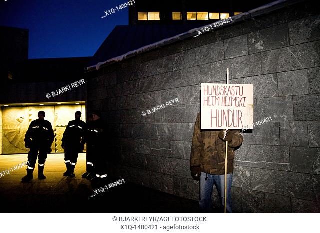 Demonstrators at The Central Bank of Iceland  They are demanding that Central Bank manager Davíð Oddson steps down and takes his responsibility for the...