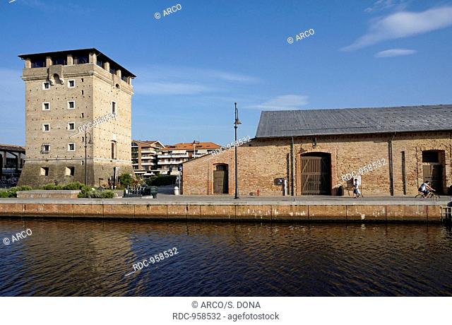 San Michele tower and the old salt deposit and Salt Museum, Cervia, Emilia Romagna, Italy