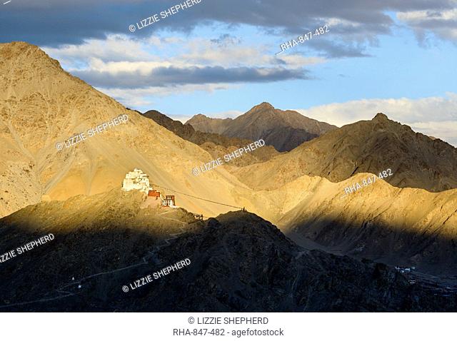 Evening view from Shanti Stupa to the Namgyal Tsemo fort and monastery (gompa), Leh, Ladakh, India, Asia