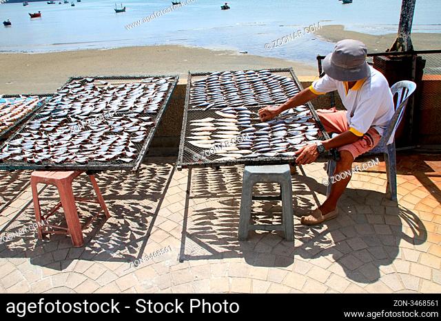 Man with stalls with dry fish on the beach in Prachuap Khiri Khan, Thailand