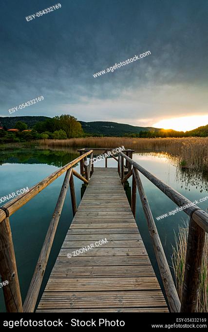 Sunset over lake and grass lands, Una , Cuenca, Spain