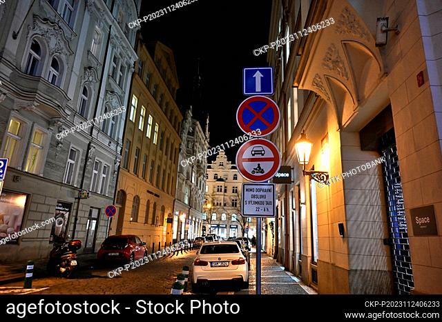 Traffic prohibition sign in Jachymova street connecting Maiselova and Parizska streets in Prague, Czech Republic, November 24, 2023