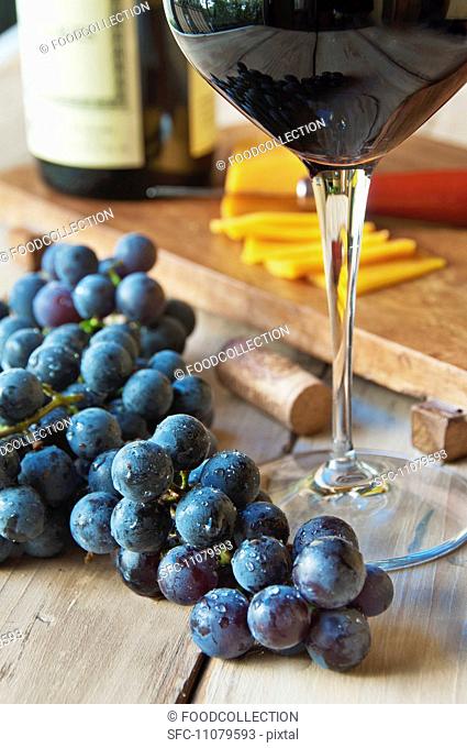 Fresh Concord Grapes with a Glass of Wine and Sliced Cheddar Cheese