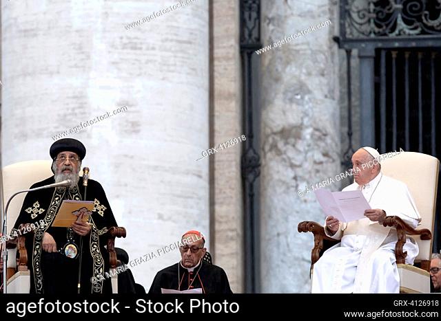 Vatican City, Vatican , 10 May 2023. Pope Francis and the Coptic Orthodox patriarch of Alexandria, Pope Tawadros II, start the general audience together in St