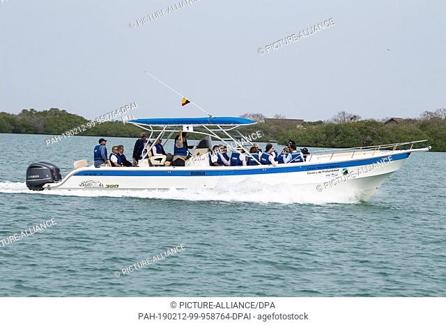 12 February 2019, Colombia, Cartagena: Frank-Walter Steinmeier (M), President of the Swiss Confederation, will travel by boat from the maritime national park...