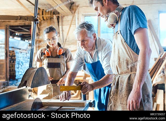 Experienced master carpenter transferring knowledge to his younger colleagues