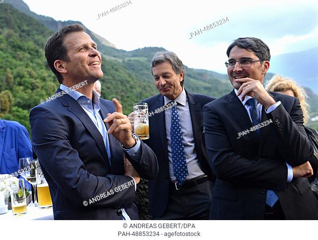 Manager Oliver Bierhoff (2nd L) of the German national soccer team and the governor of South Tyrol, Arno Kompatscher (SVP; C)