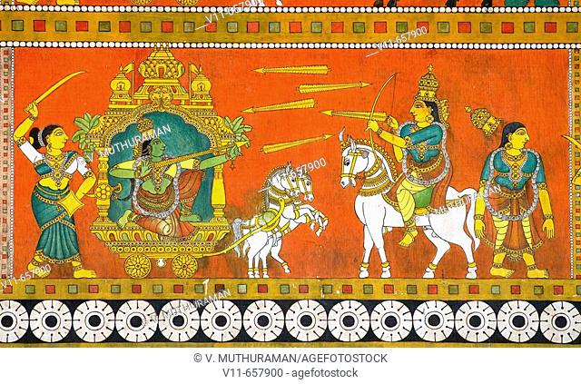 Murals of Thiruvilayadal Puranam (Lord Shivas Game, the collection of 64 stories, composed by Paranjyoti Munivar) in Sri Meenakshi Temple's wall near Golden...