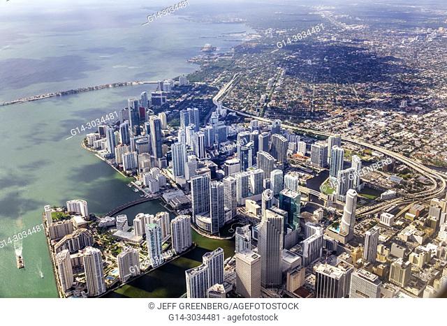 Florida, Miami, Miami International Airport MIA, departing flight window seat aerial view, downtown, Brickell Key, Miami River, Biscayne Bay
