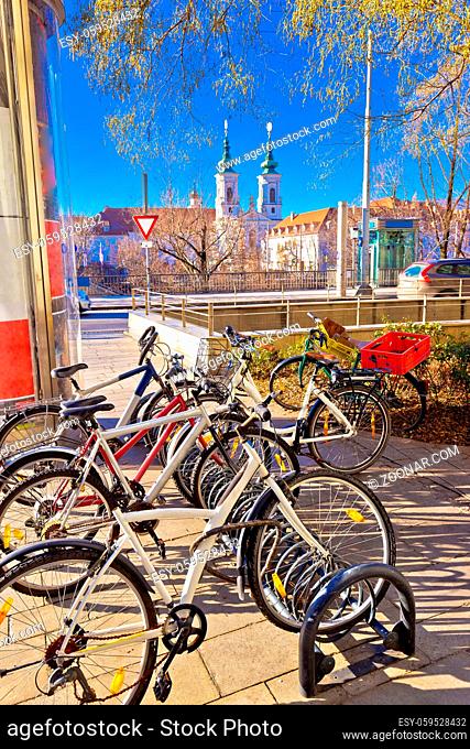 City of Graz bicycles by the Mur river colorful view, Steiermark region of Austria
