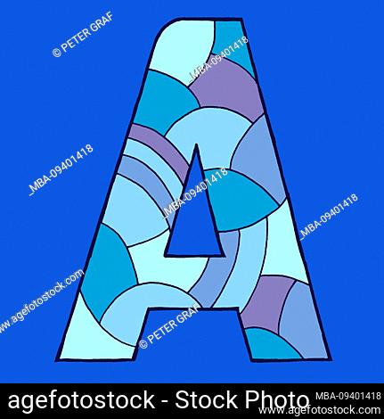 Letter A, drawn as a vector illustration, in blue shades on a blue background in pop art style