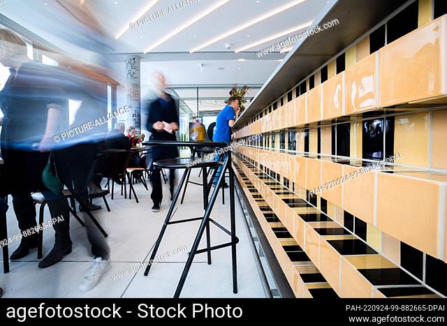24 September 2022, Brandenburg, Potsdam: A tile pattern can be seen on the counter in the café on the day of the opening in the new art house for contemporary...