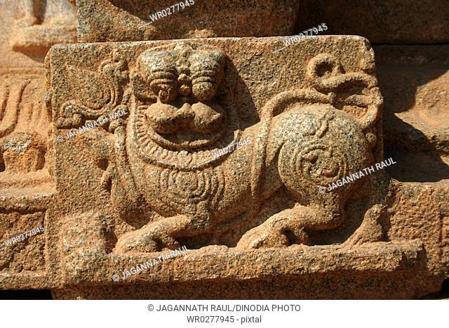Sculpture on pillar of Hajara Rama temple , Hampi Vijayanagar ruins , Karnataka , India