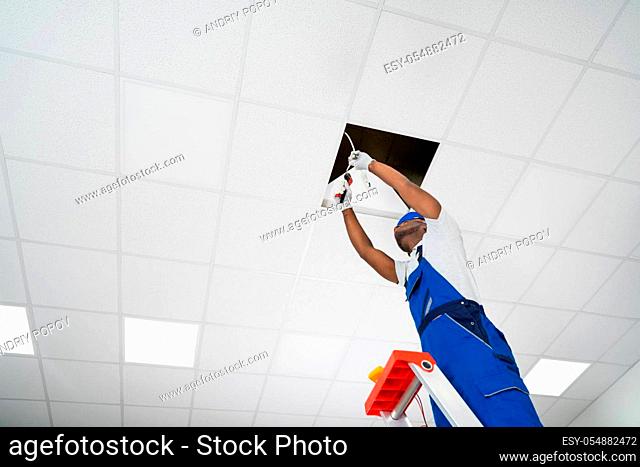 Young Male Electrician On Stepladder Installing Light On Ceiling