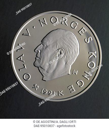 100 kroner silver coin commemorating the 1994 Winter Olympic Games in Lillehammer, issued in 1991, obverse depicting King Olav V (1903-1991)