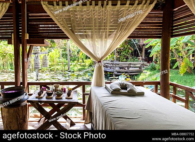 Cambodia, Battambang, Wat Kor Village, garden spa, massage area