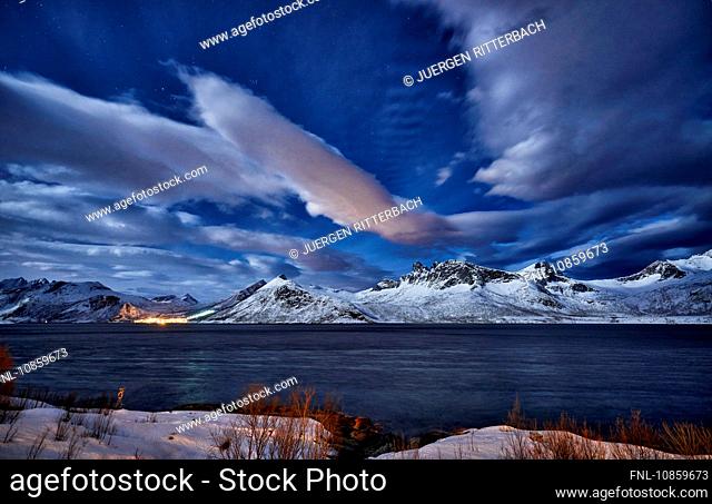 Winter landscape in fjord, Husoy, Senja, Troms, Norway, Europe