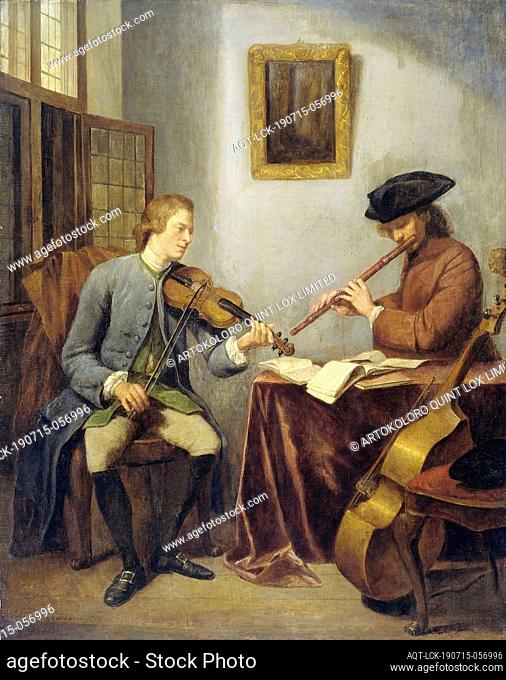 A Violinist and a Flutist Playing Music together (The Musicians), In an interior a violinist and a flutist make music. The two musicians are seated at a table...