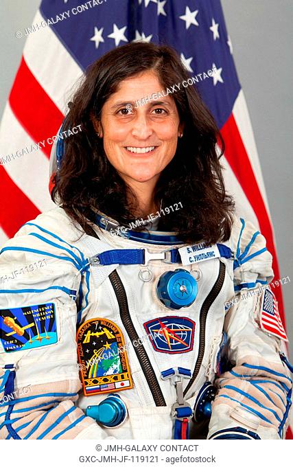 NASA astronaut Sunita Williams, Expedition 32 flight engineer and Expedition 33 commander, attired in a Russian Sokol launch and entry suit