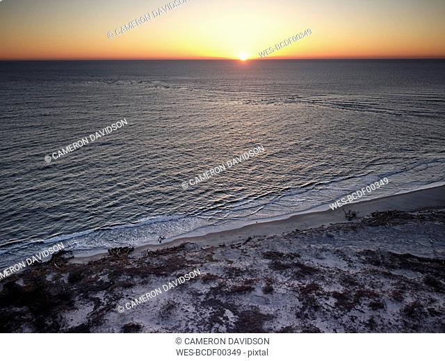 USA, Virginia, Aerial view of Virginia Coast Reserve, Atlantic Ocean, beach at sunset