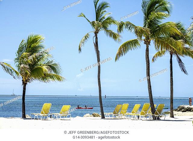 Florida, Upper Florida Keys, Atlantic Ocean, Islamorada, oceanfront, Pelican Cove Resort, property, grounds, beach, sand, lounge chairs, palm trees, kayak
