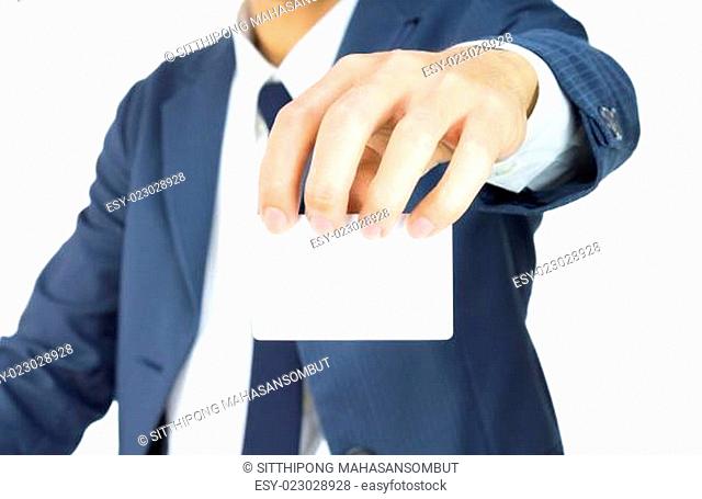 Businessman Hold Top Business Card or White Card Isolated on White Background