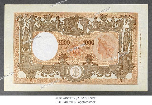 1000 lire banknote, modified Barbetti type, 1947-1950, reverse, 24.8x14.8 cm. Italy, 20th century.  Private Collection