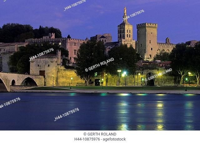 Avignon, France, Provence, Vaucluse, river, flow, Rhône, night, lighting, town, city, Old Town, pope's palace, reflection