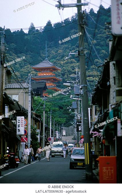 Kansai/ kinki region. Street scene. Signs. Traffic. People. Approach to Kiyomizu Temple on hill