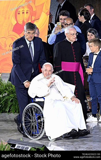 Pope Francis, sitting in a wheelchair after a knee treatment, participates in the 10th World Festival of Families at the Vatican, Paul VI Audience Hall