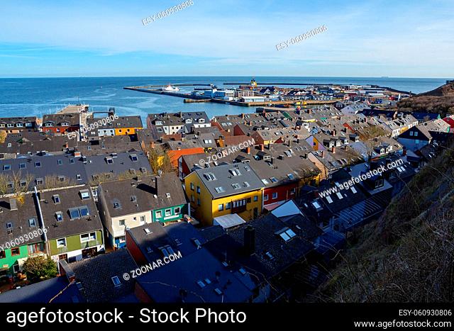 roofs of Residential area in Heligoland. Top view of traditional colorful holiday houses. Island Helgoland, Germany