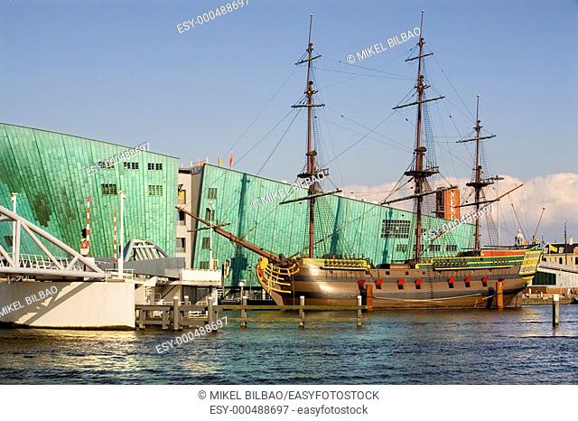 NEMO science museum with VOC ship Amsterdam replica  Amsterdam, Netherlands, Holland, Europe