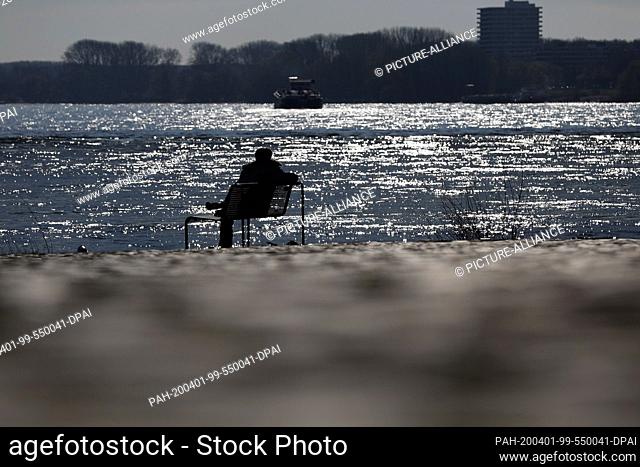01 April 2020, North Rhine-Westphalia, Cologne: In the morning a man sits on a bench on the banks of the Rhine in the sun