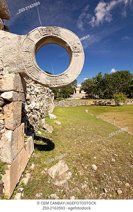 Juego de Pelota, Game or Ball court in the prehispanic Mayan city of Uxmal Archaeological Site, Uxmal, Yucatan Province, Mexico, North America