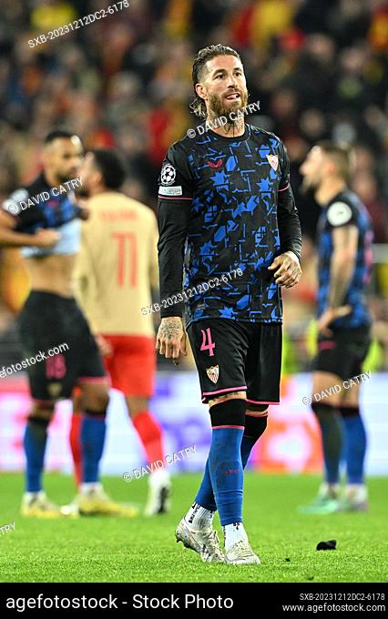 Sergio Ramos (4) of Sevilla looking dejected and disappointed after losing the Uefa Champions League matchday 6 game in group B in the 2023-2024 season between...