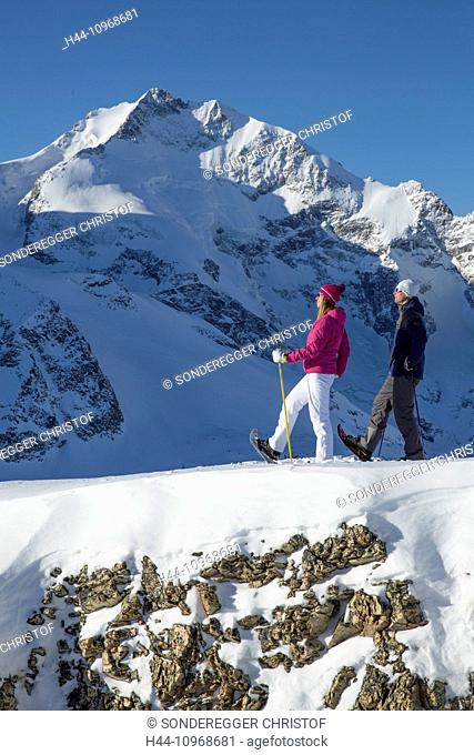 Pontresina, snow shoe hiking, Diavolezza, Saas Queder, canton, GR, Graubünden, Grisons, Upper Engadine, snow, footpath, walking, hiking, winter, winter sports