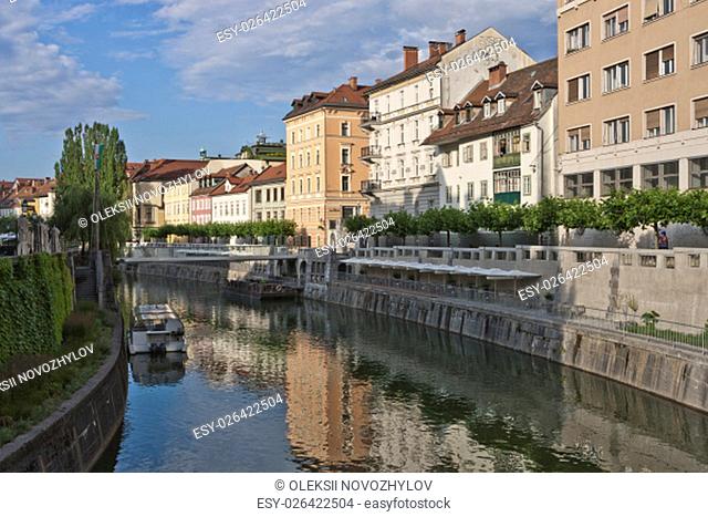 Ljubljanica river early in a summer morning in Ljubljana, Slovenia