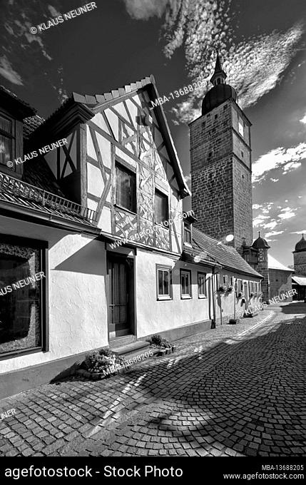 Grauturm, gate tower, landmark, half-timbered, facade, architecture, Haßberge, Ebern, Franconia, Bavaria, Germany, Europe