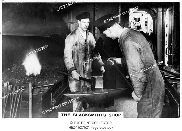 The blacksmith's shop on board the battleship HMS 'Nelson', 1937. Cigarette card from The Navy series, produced by Senior Service Cigarettes, 1937