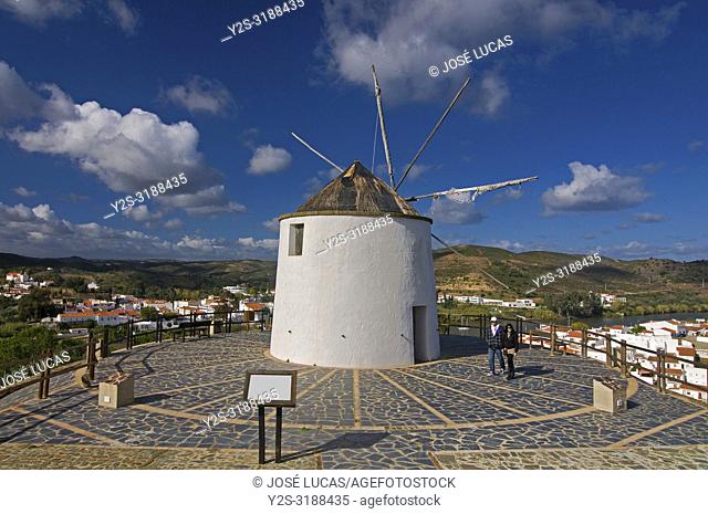 Windmill. Sanlucar de Guadiana. Huelva province. Region of Andalusia. Spain. Europe. Left Alcoutim (Portugal)