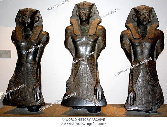Three Egyptian statues of King Sesostris III (Also known as Senusret III). Twelfth Dynasty (approx. 1850 BC) from Deir el Bahri
