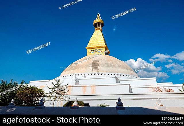 Boudhanath stupa in Kathmandu, Nepal. The top has been rebuilt since 2015 Nepal earthquake